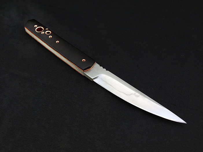 Kogatana knife in 1095 steel with black handle and copper accents